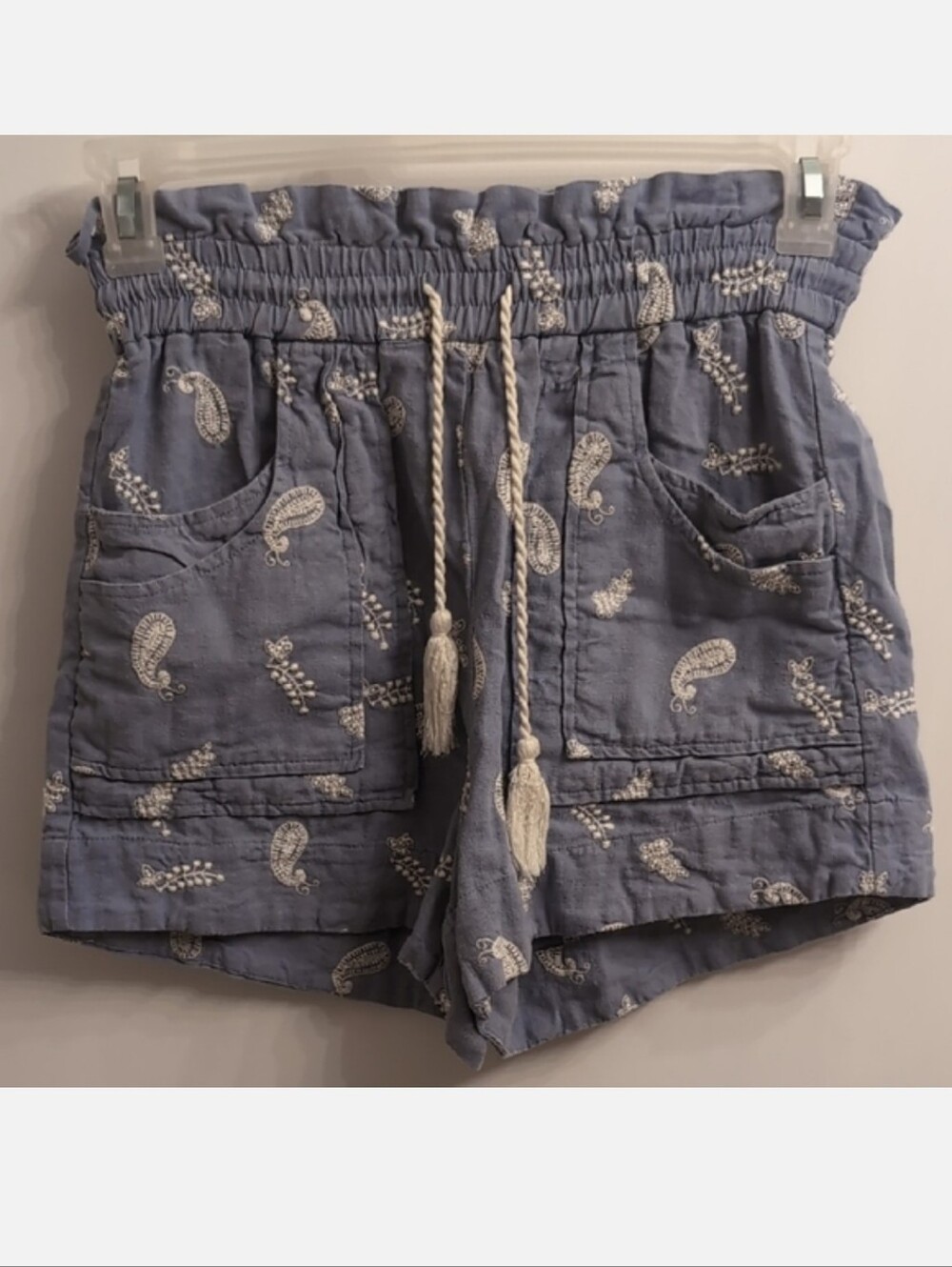 House of Harlow 1960 Blue Embroidered Paisley Linen Blend Paperbag Shorts Sz XS